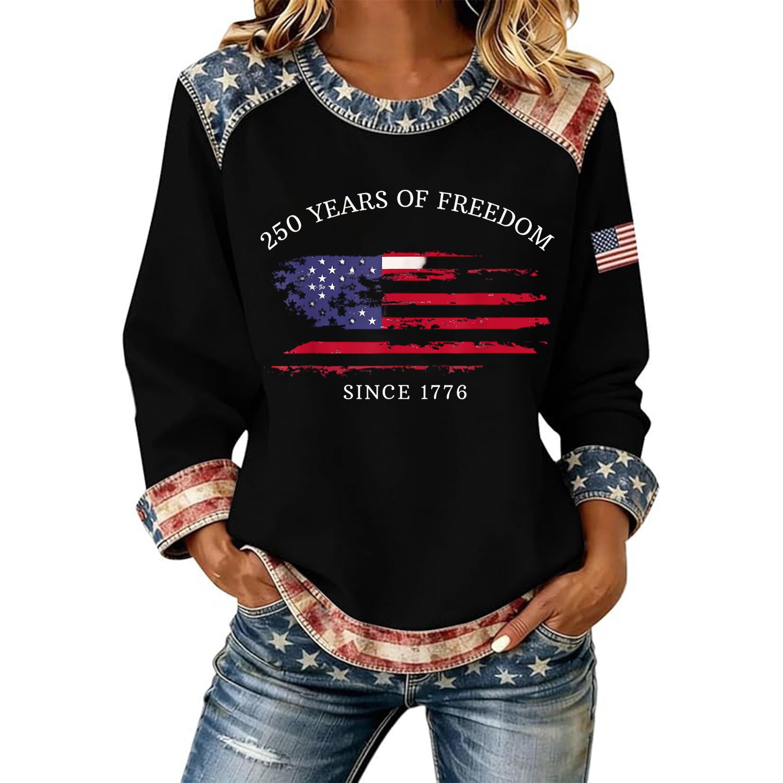 Women's American Flag Print Crewneck Sweatshirt