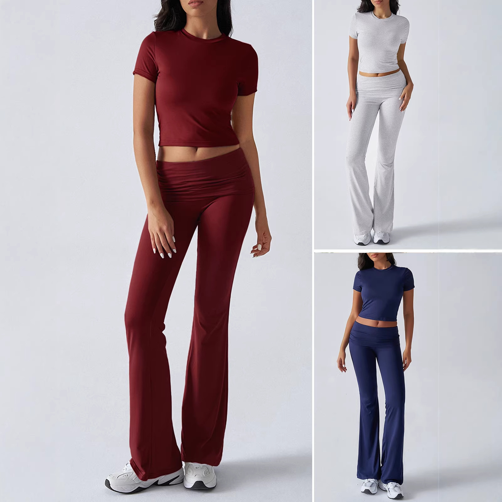 Women's Solid Color Slim Fit Short Sleeve Top and Pants Set