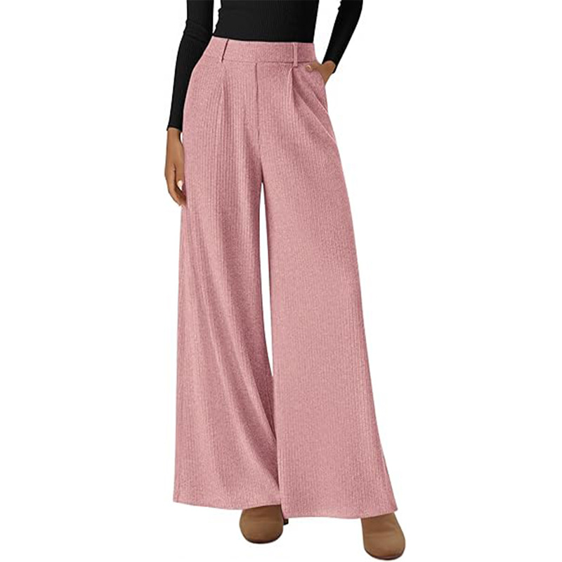 Ribbed Wide-Leg Loose Straight Pants with Elastic Waist