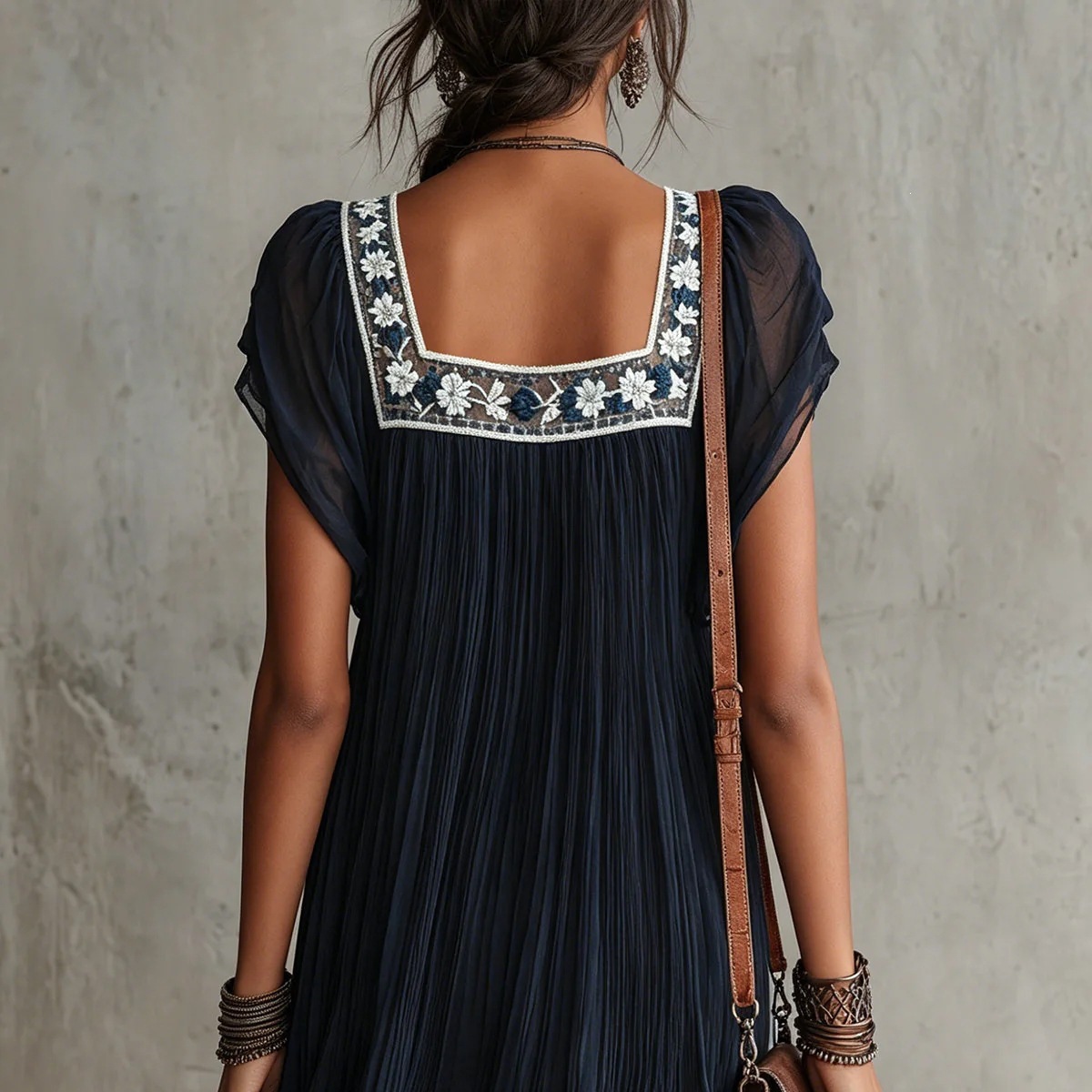 Square Neck Floral Embroidered Short Sleeve Pleated Boho Mini Dress