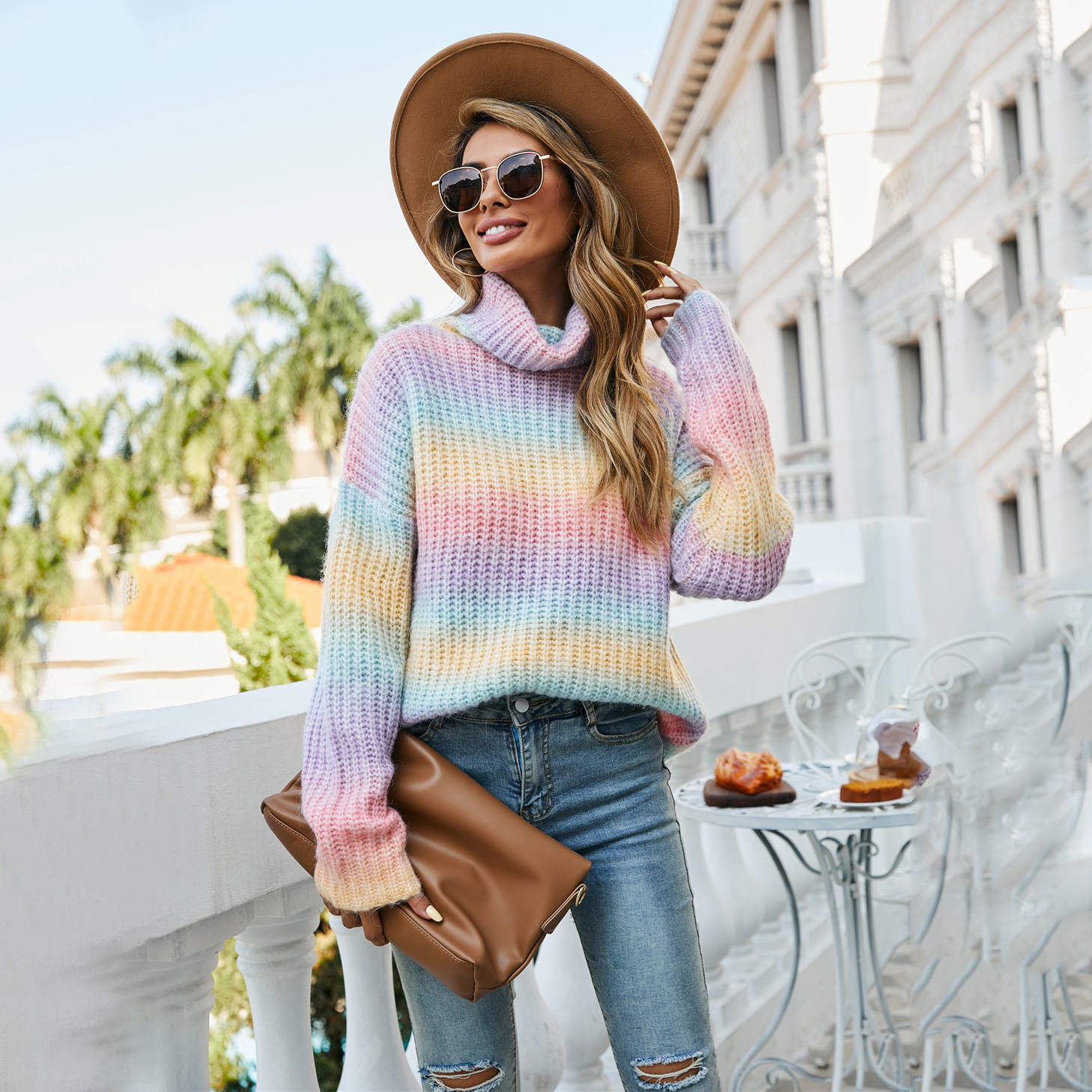 Rainbow Mock Neck Pullover Sweater for Women Plus Size