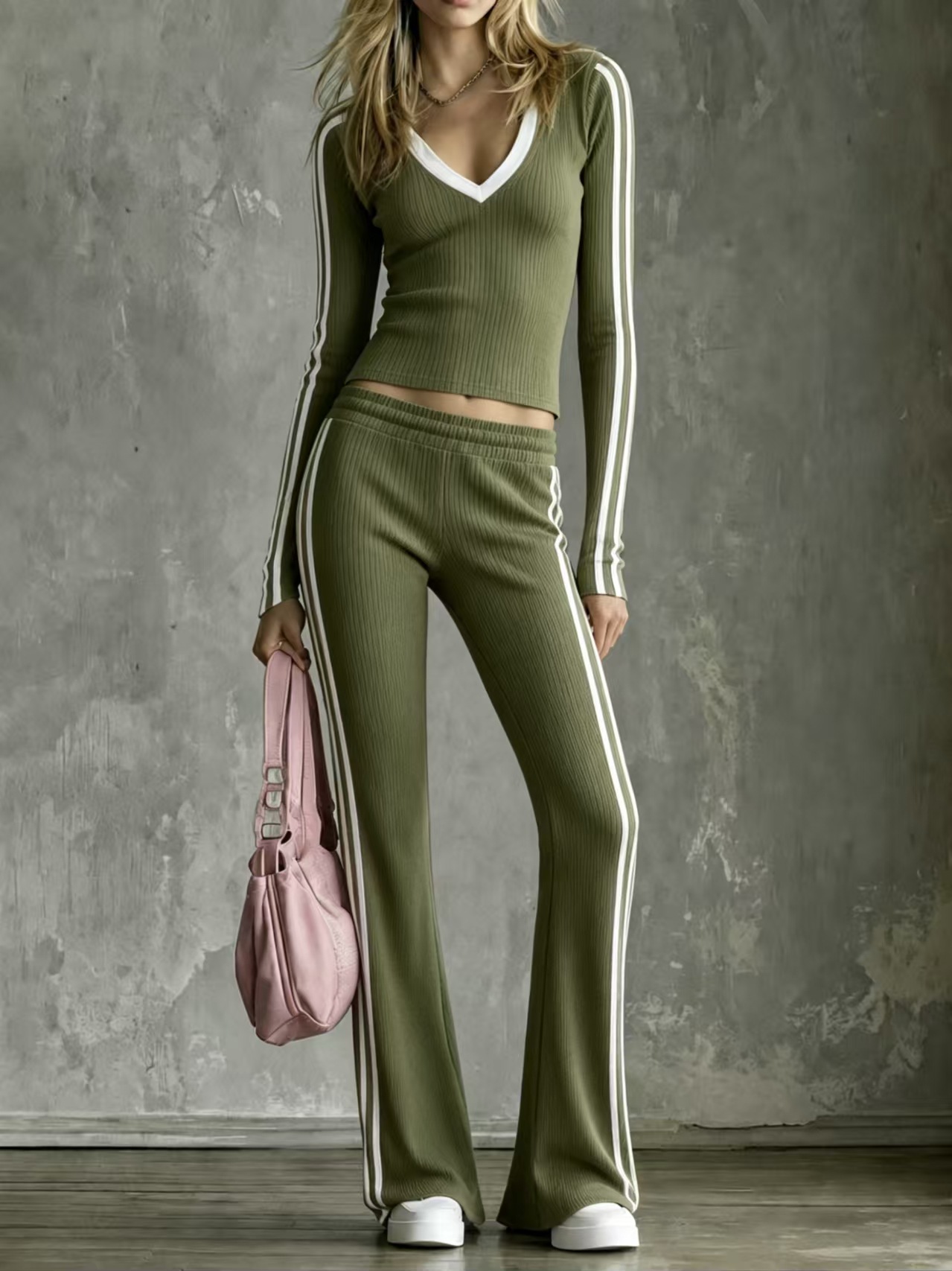 Women's V-Neck Color-Block Striped Ribbed Flared Pants Casual Two-Piece Set