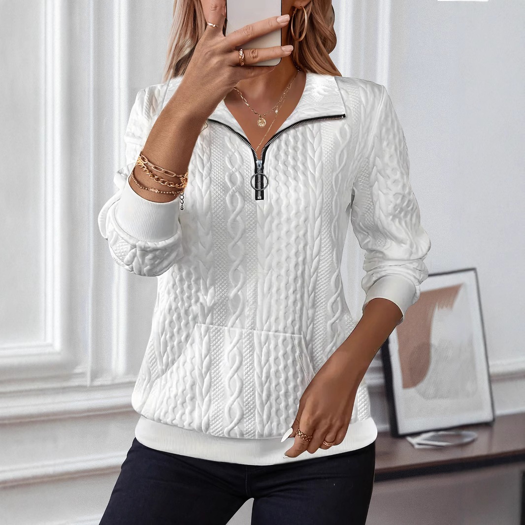 Women's Cable Knit Half-Zip Sweatshirt Collared Long Sleeve Top