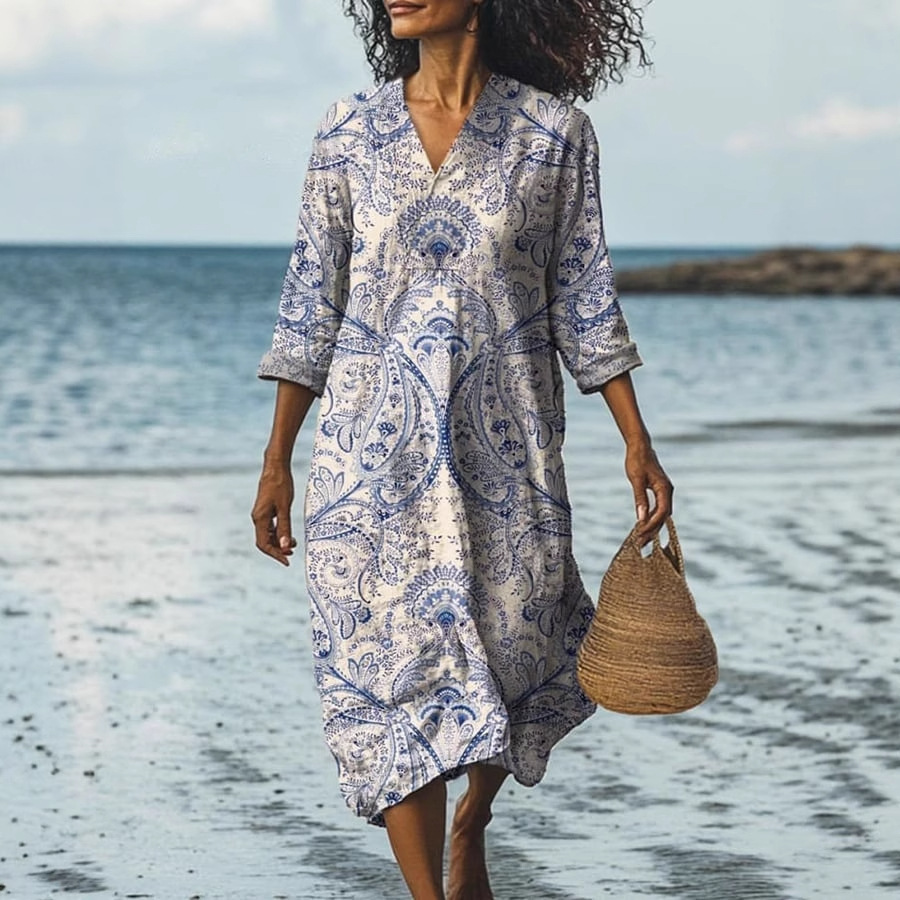 V-Neck Short-Sleeve Printed Midi Dress