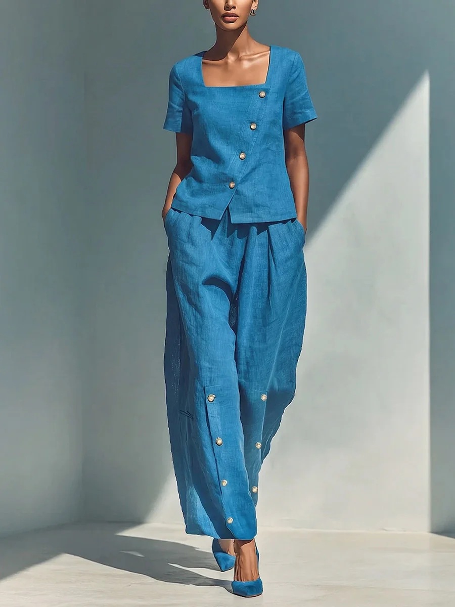 Women's Cotton-Linen Short Sleeve Top and High-Waist Pants Set