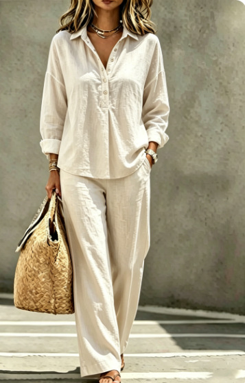 Women's French Casual Half-Button Long-Sleeve Shirt & Wide-Leg Pants Set