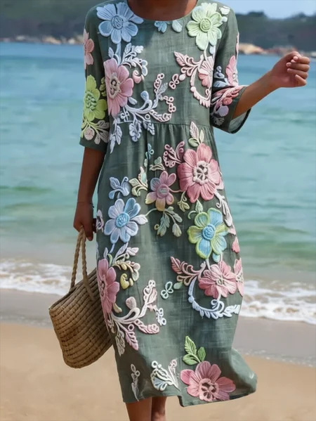 Women's Vintage Floral Print Ruched Midi Dress