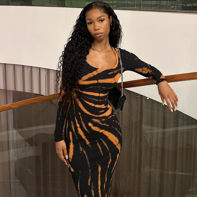 Long Sleeve U-Neck Zebra Print Bodycon Midi Dress