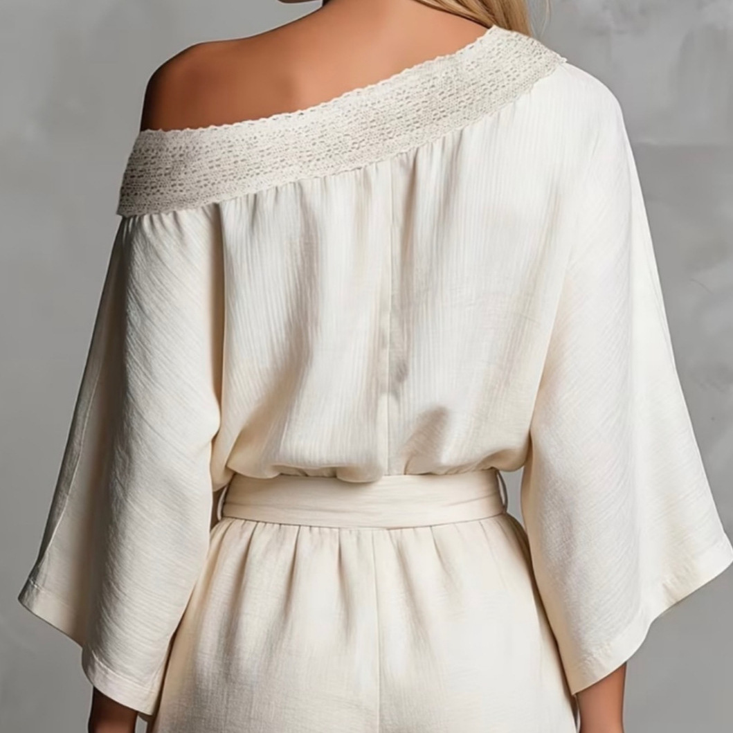 Solid One-Shoulder Long-Sleeve Top and Shorts Two-Piece Set