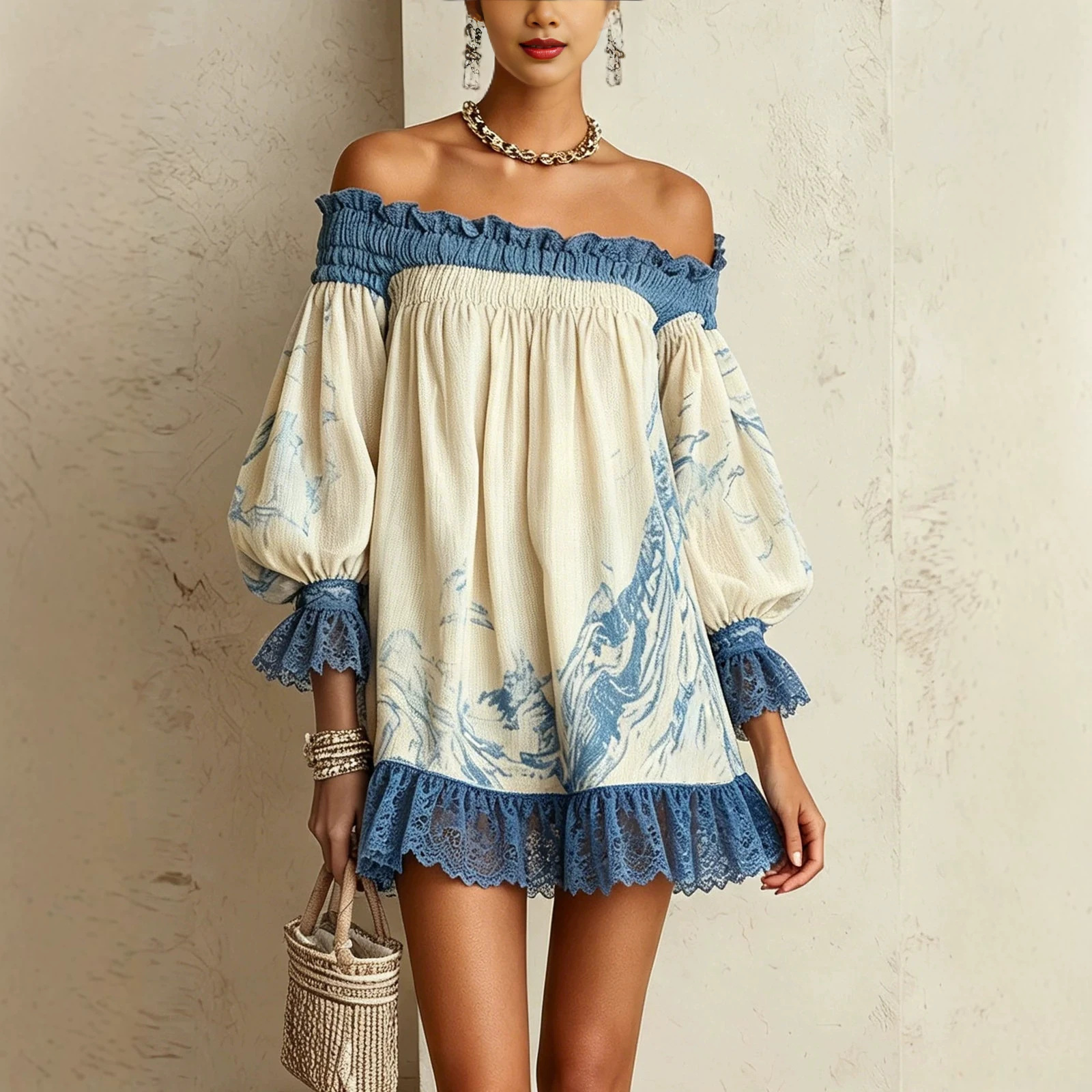 French Off-Shoulder Blue & White Print Romper with Puff Sleeves & Lace Trim