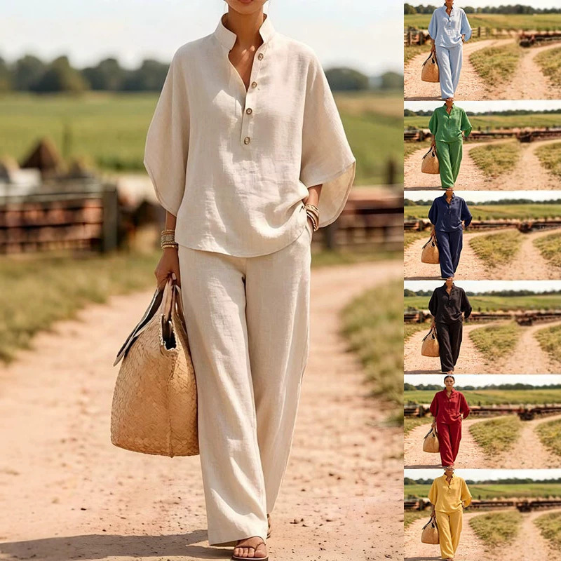 Women's Casual Button Shirt and Wide-Leg Pants Two-Piece Set