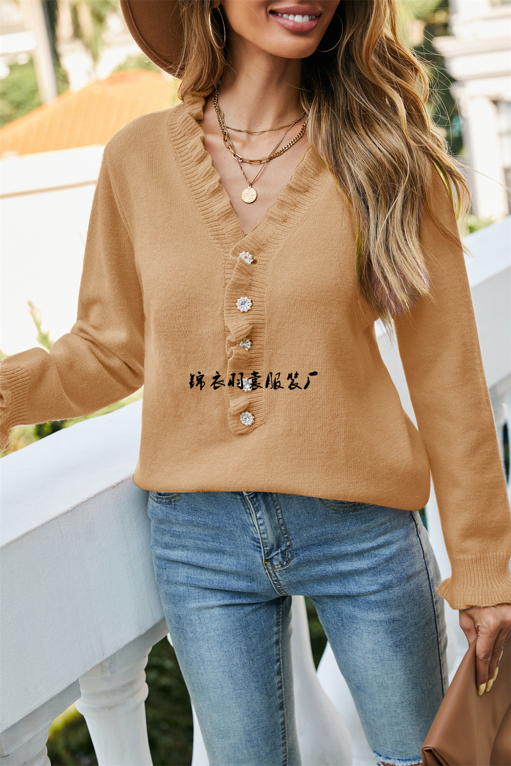 Women's V-Neck Button Knit Sweater with Ruffle Trim
