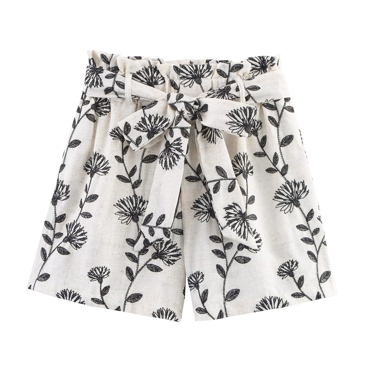 Embroidered Print High-Waist Straight Shorts