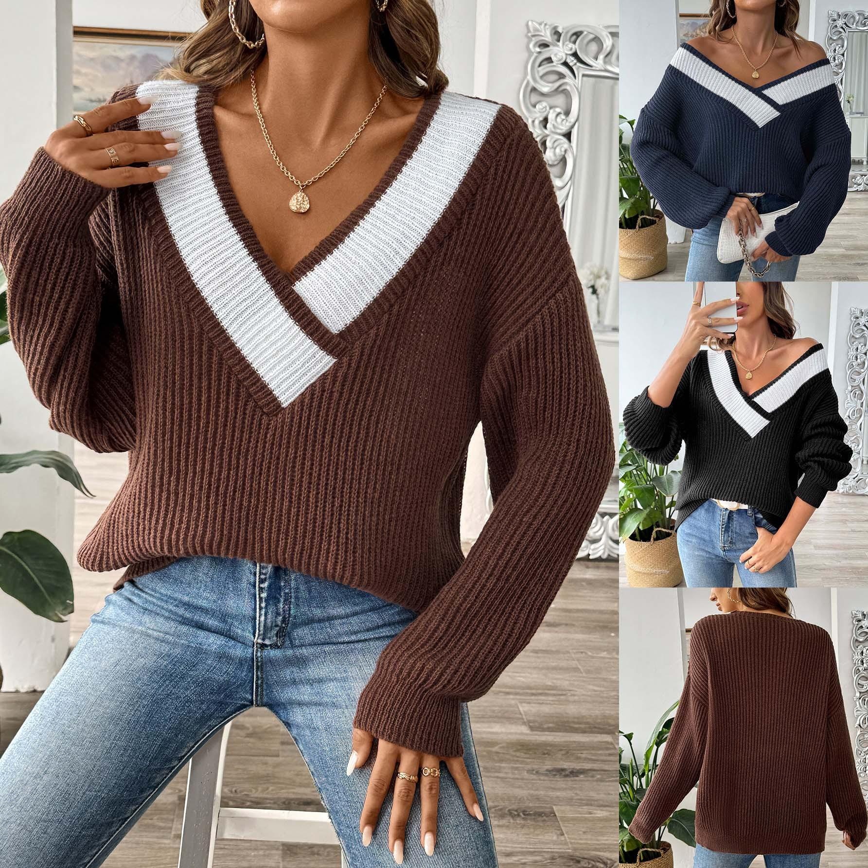 Color-Block V-Neck Loose Knit Pullover Sweater