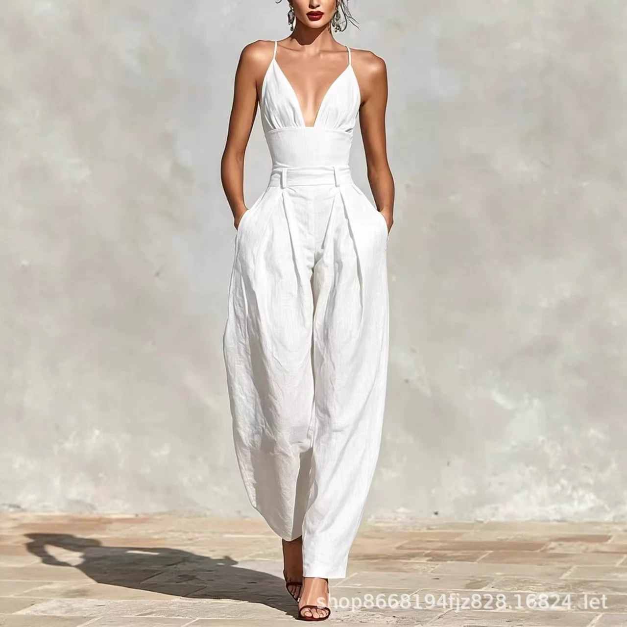 Linen Straight-Leg Sleeveless Round-Neck Jumpsuit