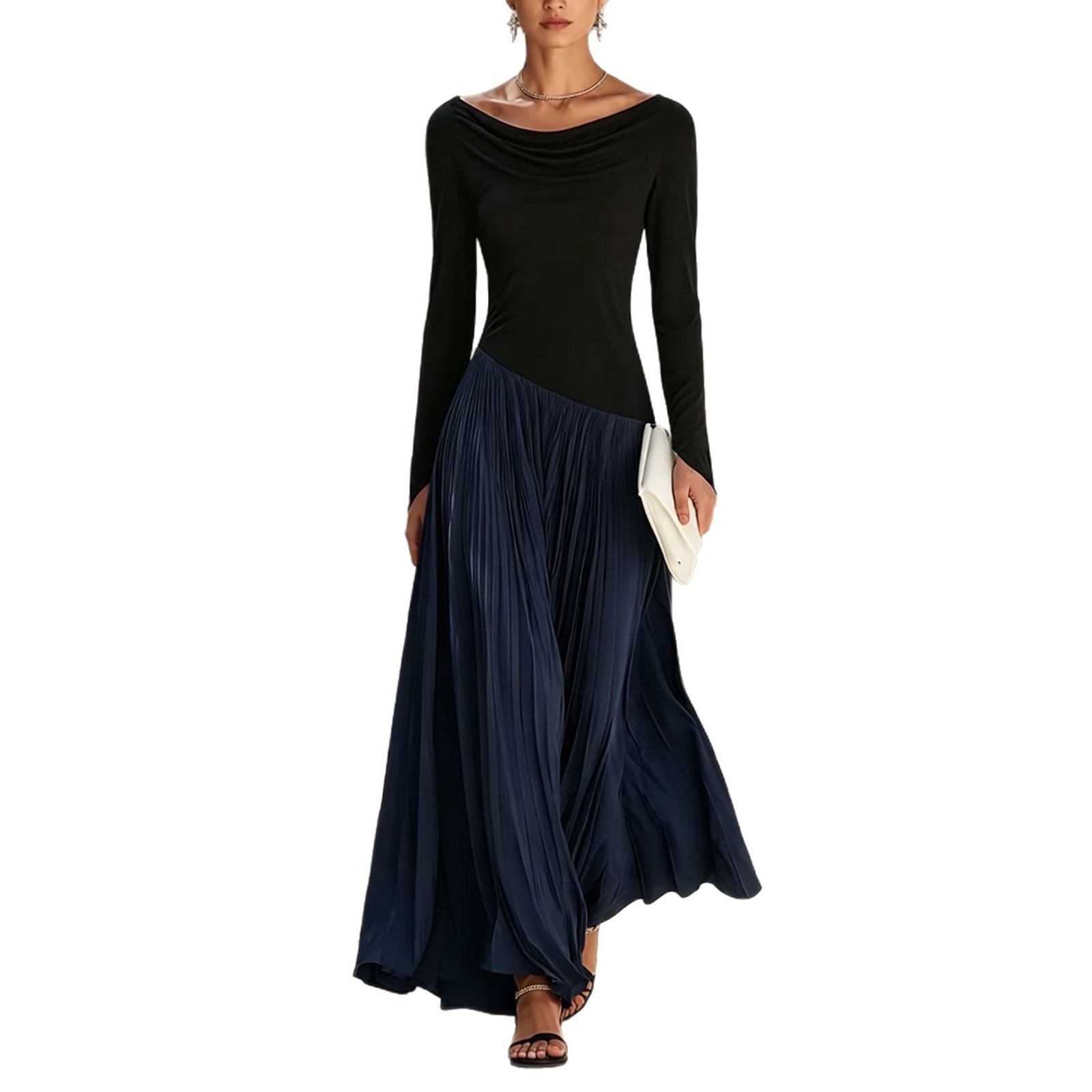 Women's Color-Block Long Sleeve A-Line Dress