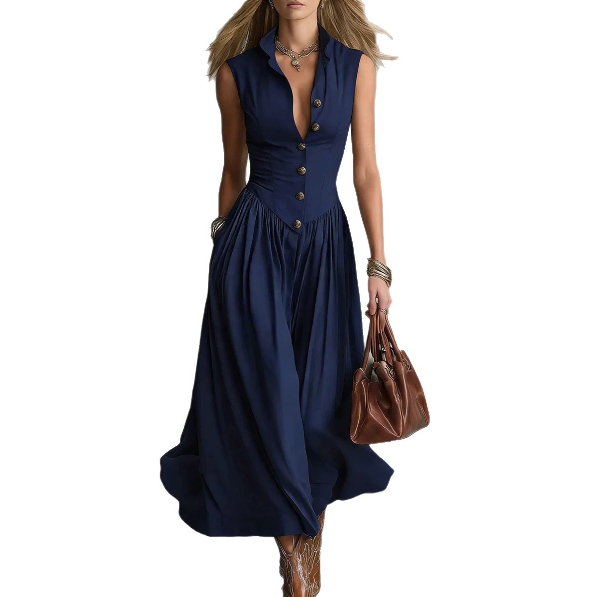 Women's French Style Slim Fit Long Sleeveless Dress with Lapel Collar