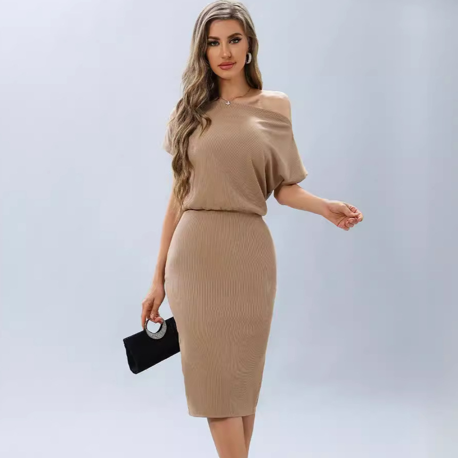 Solid Ribbed One-Shoulder Bodycon Midi Dress