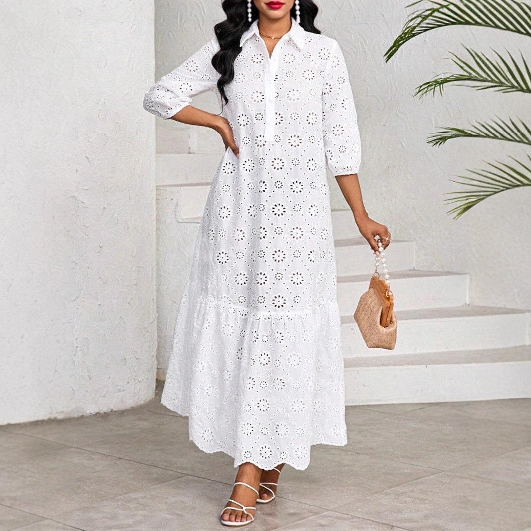 Women's Solid Color 3/4 Sleeve Loose Shirt Collar Hollow Out Lace A-Line Midi Dress