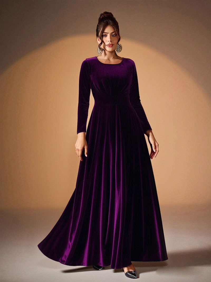 Women's Plus Size Velvet Long Sleeve Ruched A-Line Midi Evening Dress