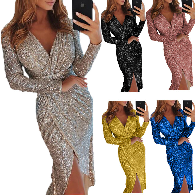 Women's Metallic Shiny Long Sleeve V-Neck Midi Dress