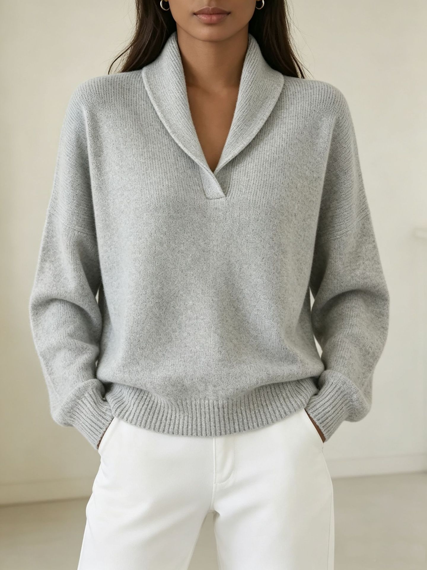 V-Neck Long Sleeve Solid Color Loose Knit Pullover Top