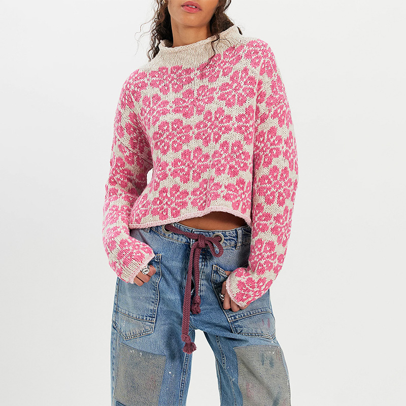 Women's Color-Block Jacquard Crewneck Sweater Loose Knit Pullover