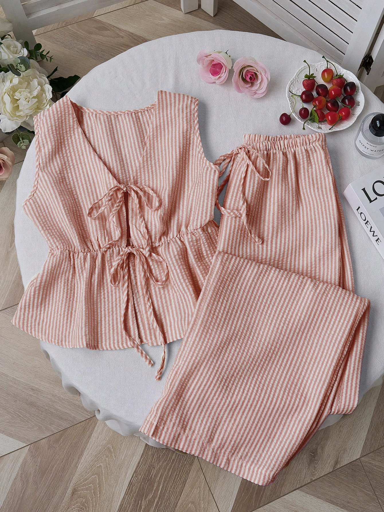 Striped Sleeveless Tank Top and Wide-Leg Pants Set