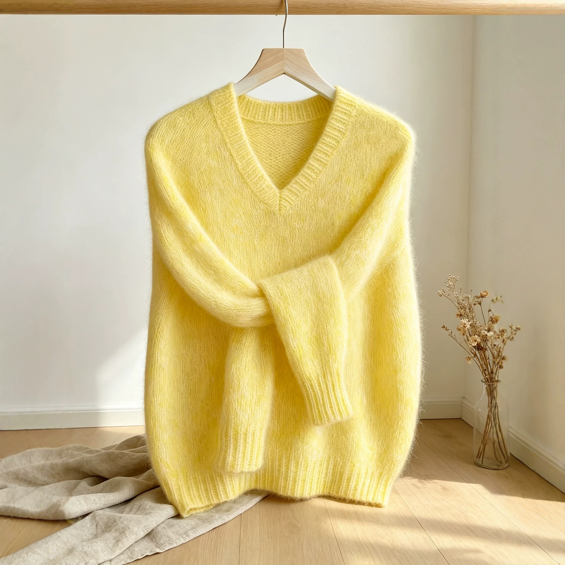 Women's V-Neck Wool Knit Sweater Soft Solid Color Pullover