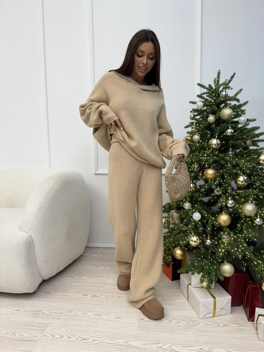 Women's Solid Color Long Sleeve Hooded Knit Top and Tie-Leg Pants Two-Piece Set