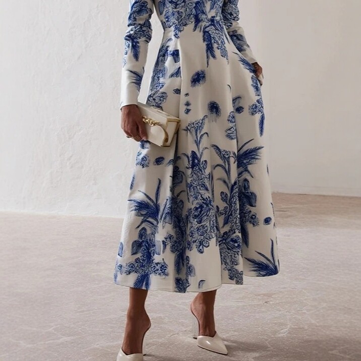 Square Neck Floral Print Long Sleeve Midi Dress