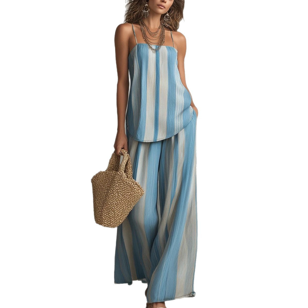 Striped Textured Cami & Wide-Leg Pants Two-Piece Set