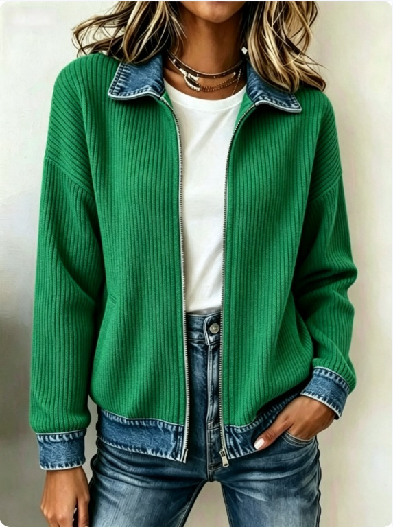 Women's Knit Spliced Denim Shirt Jacket Long Sleeve Open Front