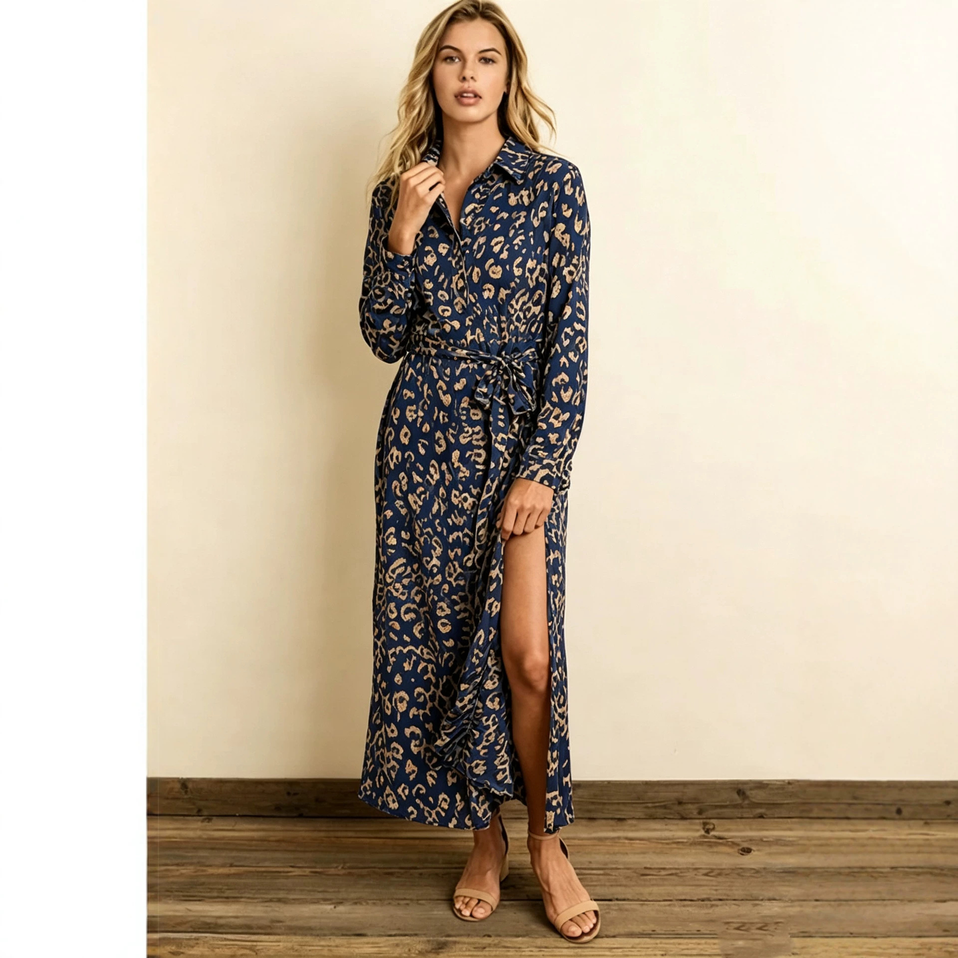 Collared Long Sleeve Tie-Waist Split Long Dress