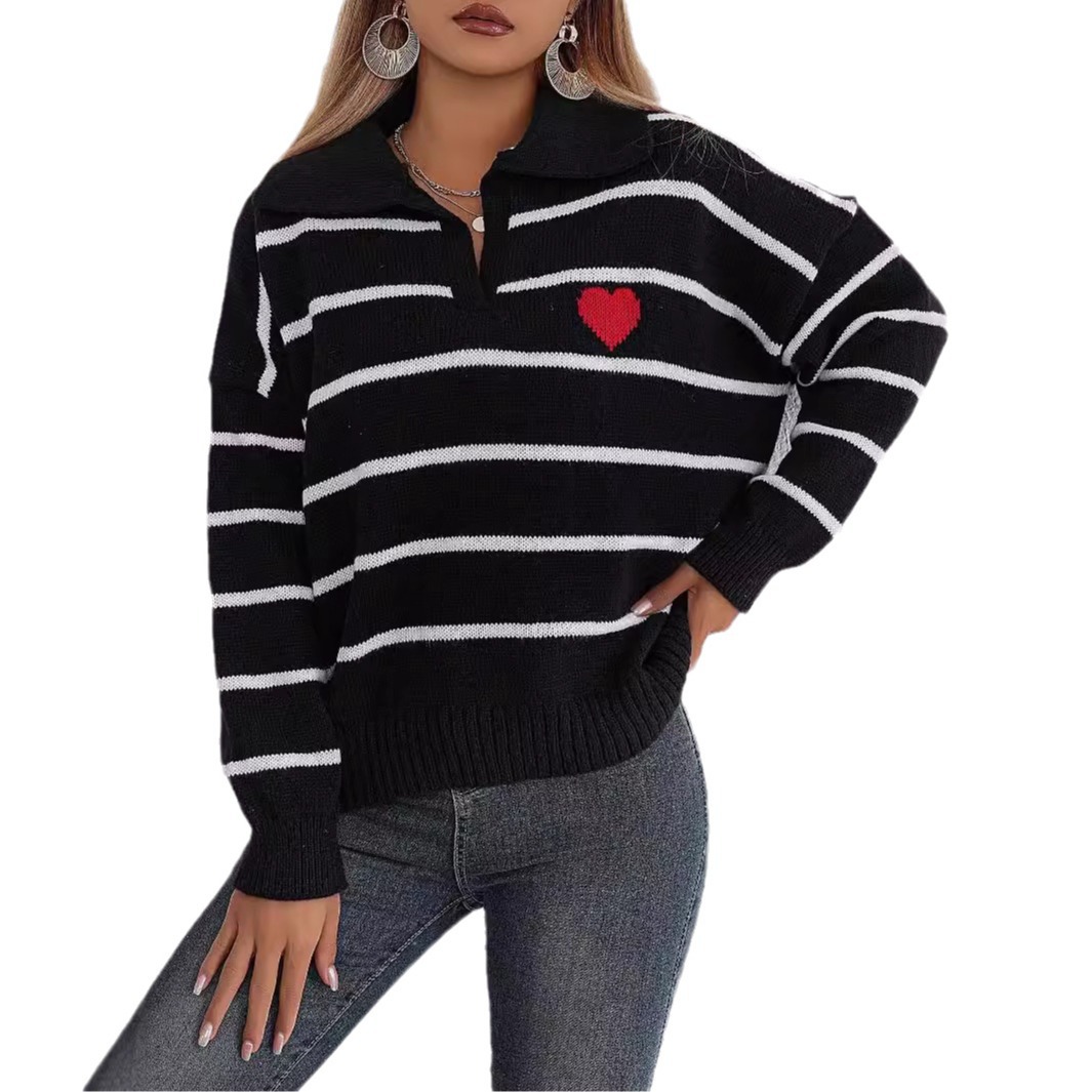 Women's Color-Block Striped Heart Polo Neck Sweater