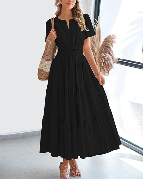 V-Neck Ruched Bubble Sleeve Tiered Maxi Dress