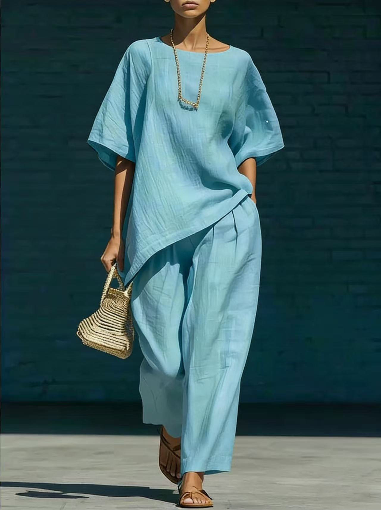 Women's Cotton-Linen Crew Neck Two-Piece Set Casual Urban Outfit