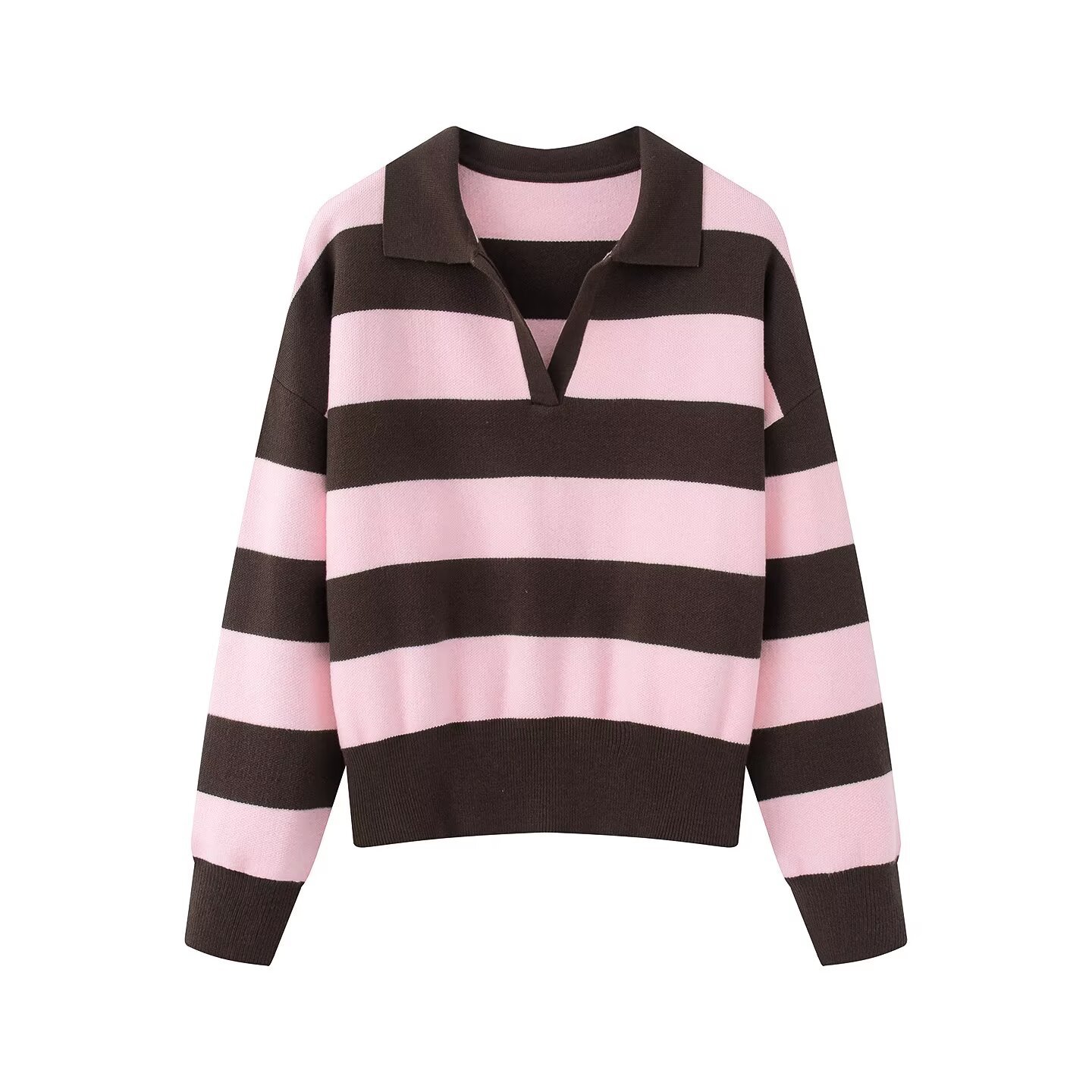 Women's Color-Block Striped Polo Neck Long Sleeve Knit Sweater
