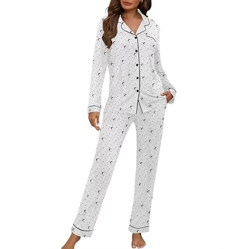 Women's Cuban Collar Polka Dot Print Long Sleeve Shirt Set