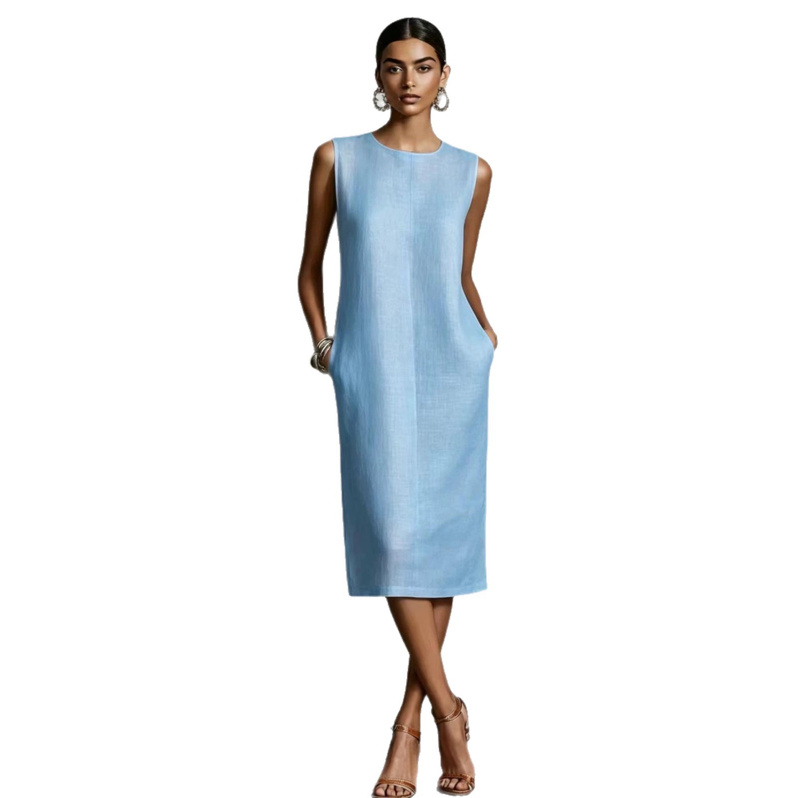 Sleeveless Round Neck Side Pocket A-Line Midi Dress