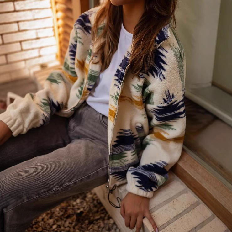 Printed Fleece Zip-Up Jacket Hoodie Winter Coat