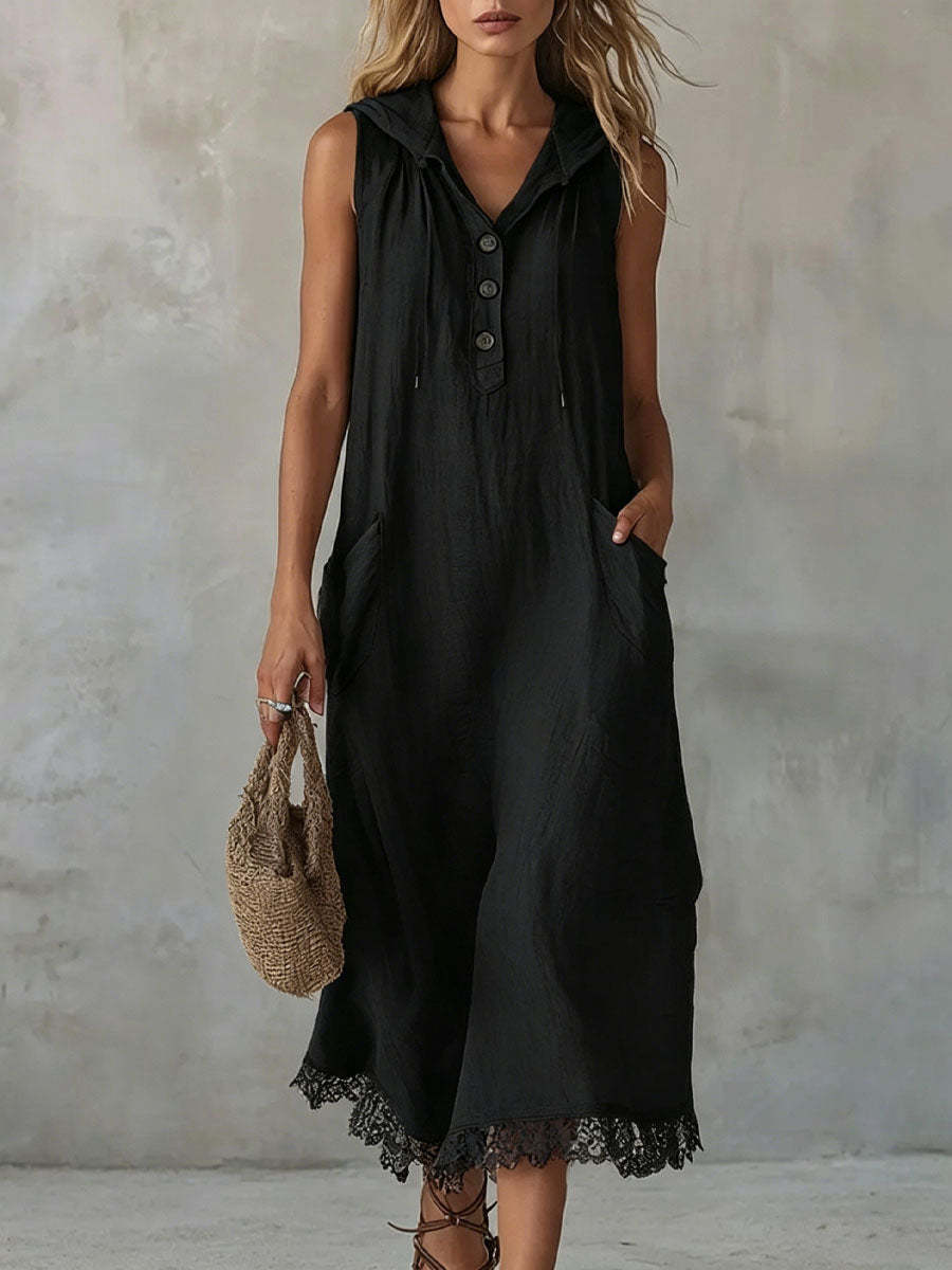 Women's Summer Hooded Dress Loose V-Neck Button Lace Trim Sleeveless Long Dress