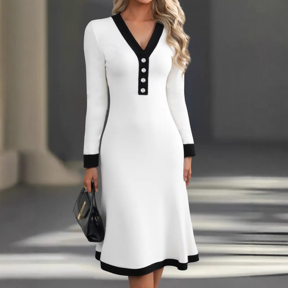 Elegant Color-Block V-Neck Midi Dress for Commuting