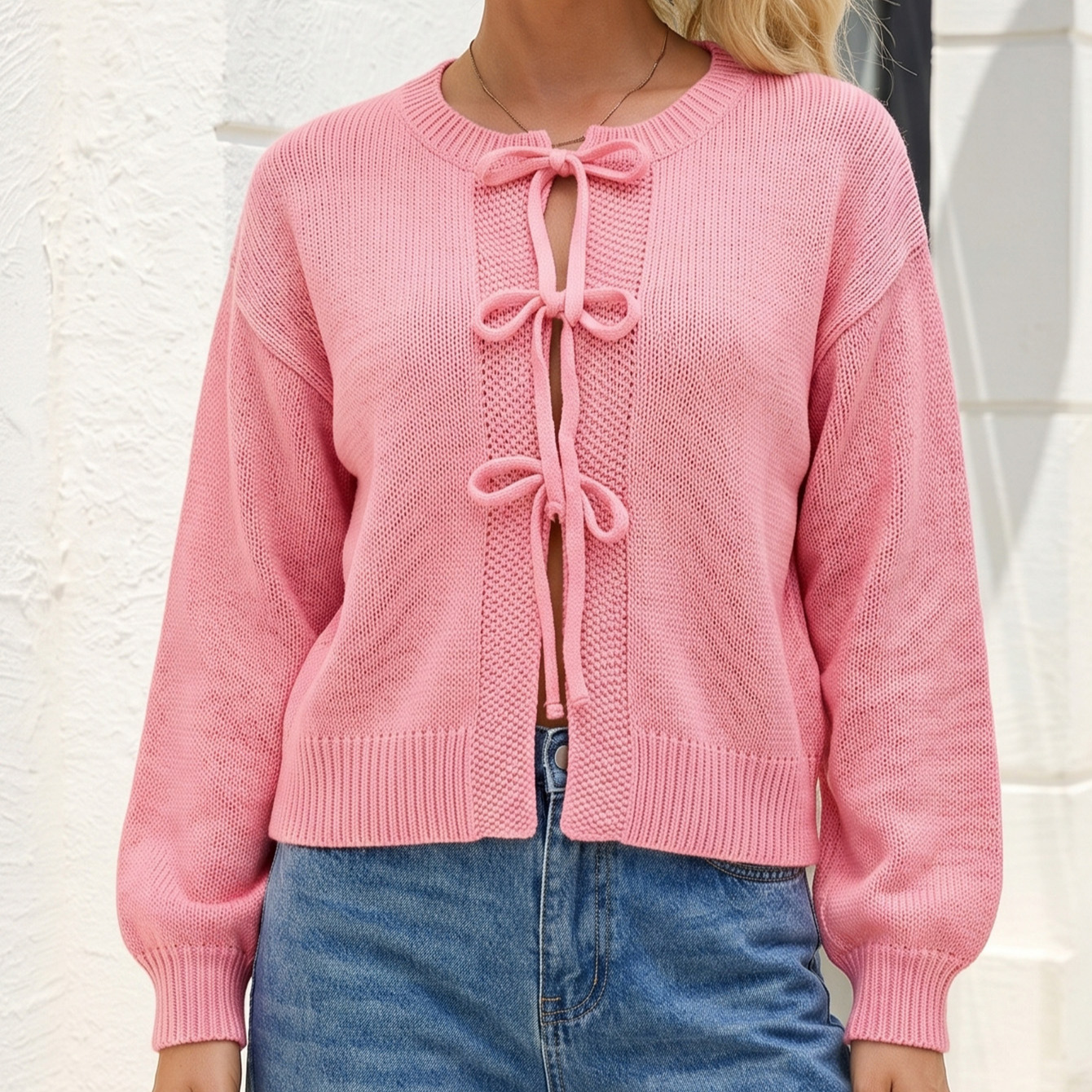 Crewneck Tie-Front Knit Cardigan Sweater