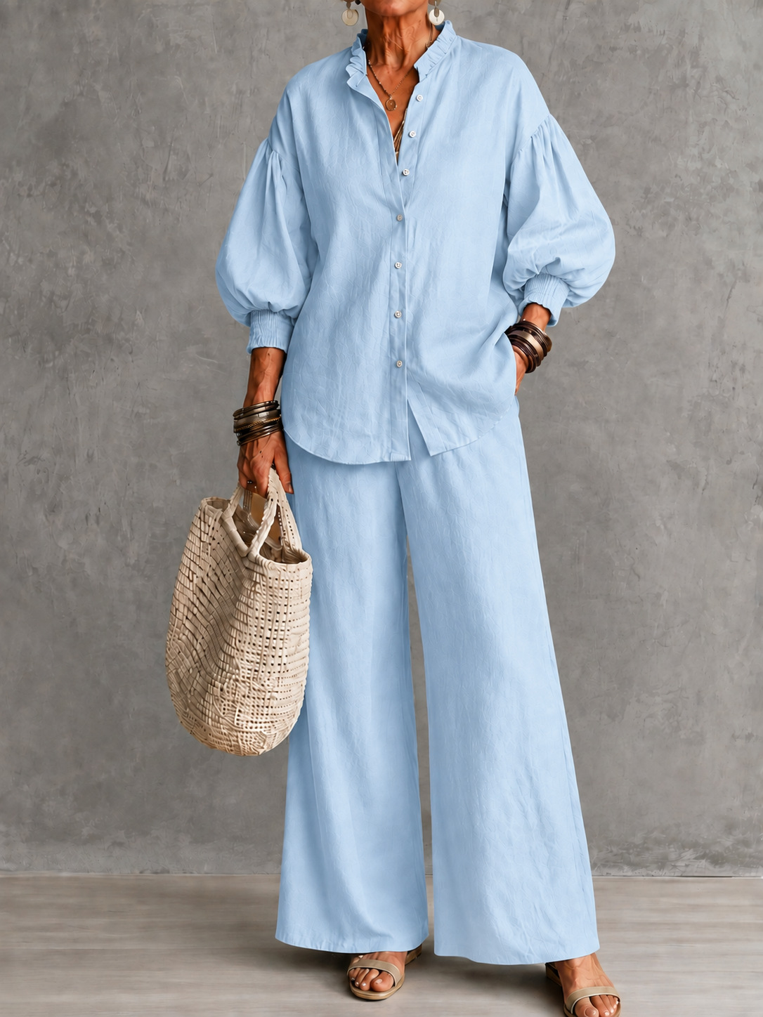 Women's Solid Ruffle Stand Collar Lantern Sleeve Shirt & Wide-Leg Pants Two-Piece Set
