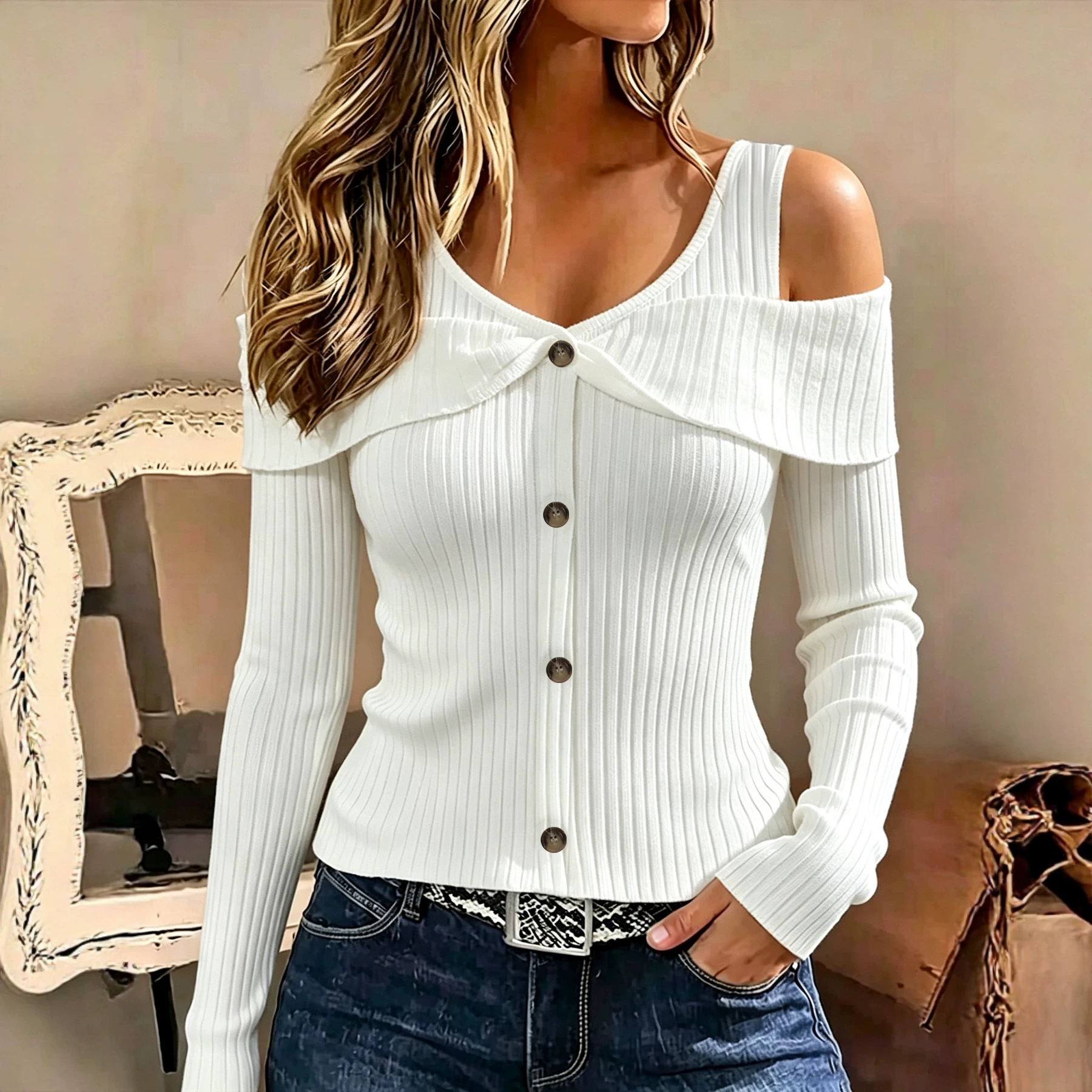 TUME Slim Fit Solid Ribbed Off-Shoulder Long Sleeve T-Shirt