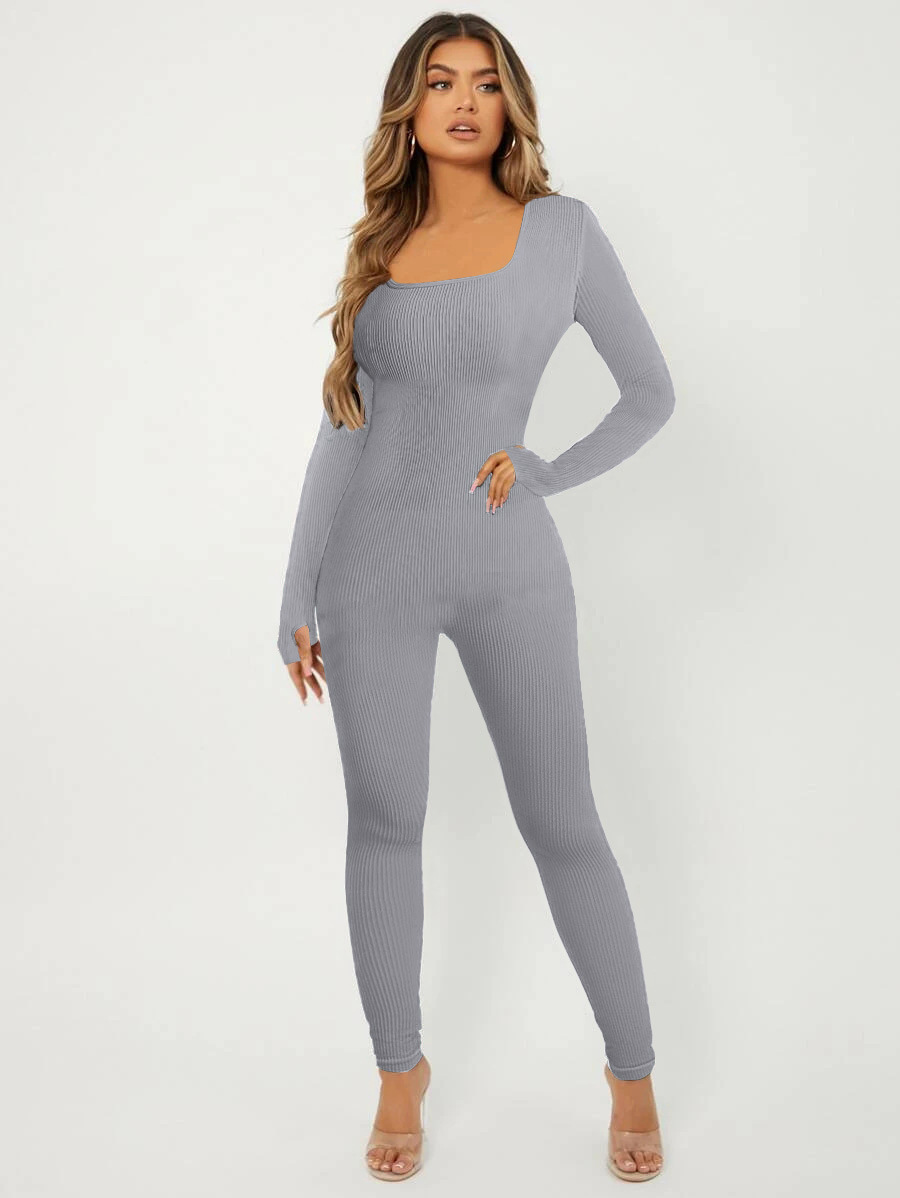 Women's Solid Color Long Sleeve Square Neck Bodysuit Jumpsuit with Butt Lifting