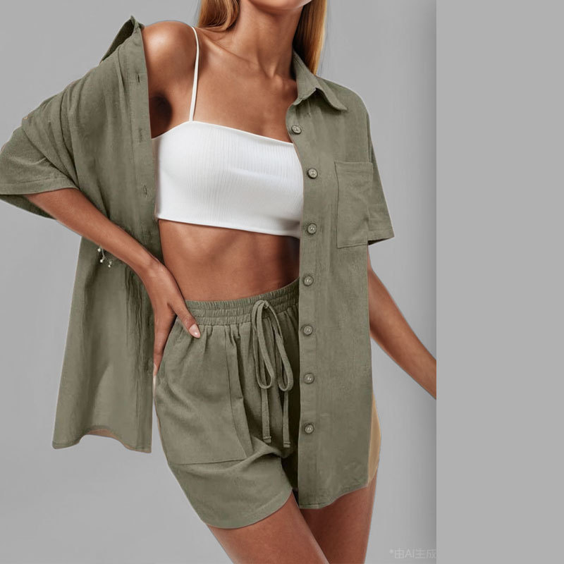 Women's Casual Two-Piece Set with Solid Button-Down Shirt and Wide-Leg Shorts