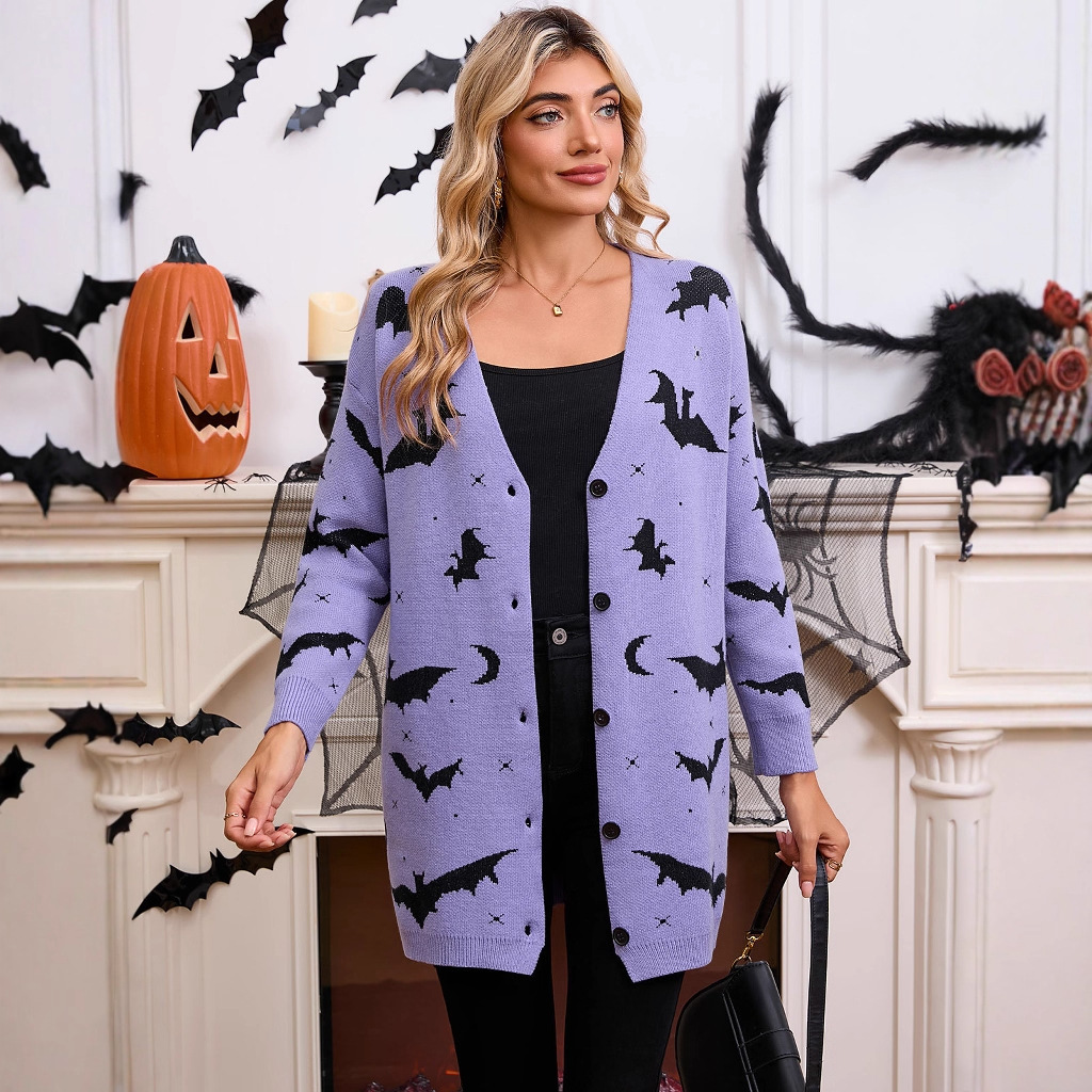 Halloween Bat Jacquard Long Sleeve Cardigan Sweater