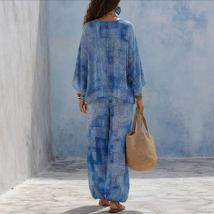 Women's Geometric Print V-Neck Loose Top & High-Waist Wide-Leg Pants Set